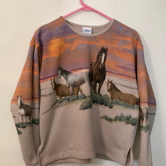Artisan Tops - Artisan Horses Sunset Print Sweatshirt in Tan and Orange